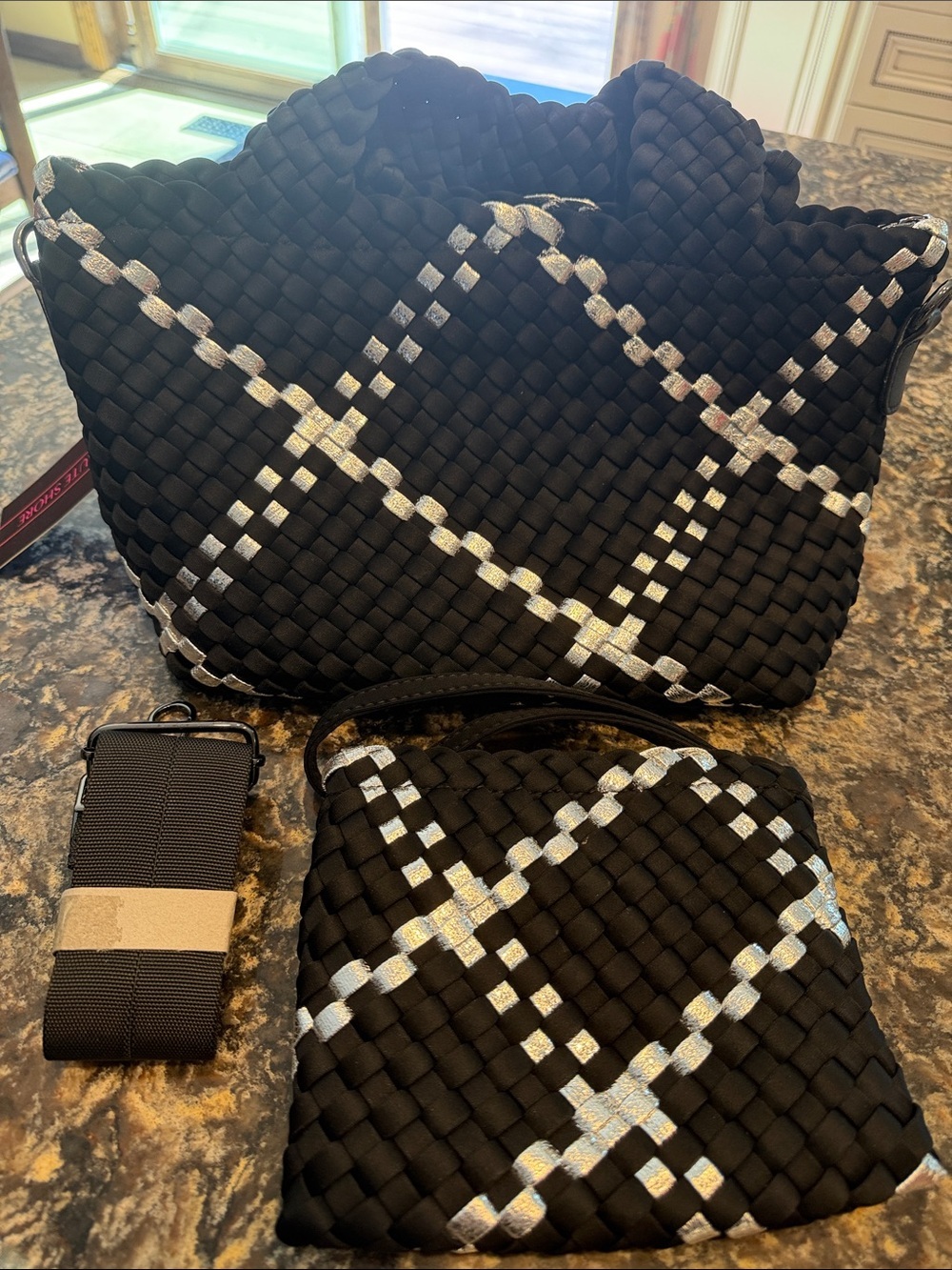 Haute Shore Woven Black Tote & Pouch with Silver Accent